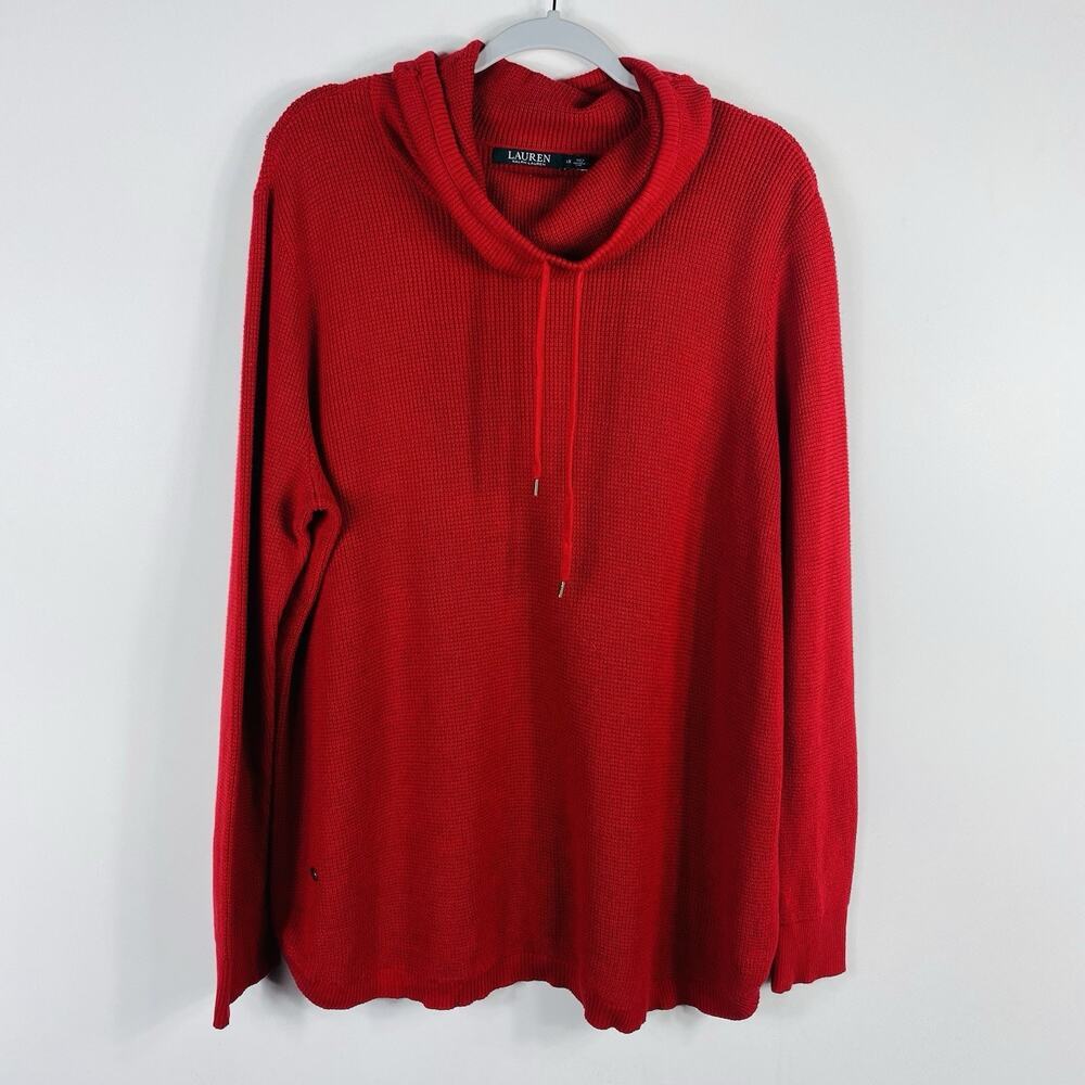 Lauren Ralph Lauren Sweater Women's 1X Red Waffle Knit Funnel Neck 100% Cotton